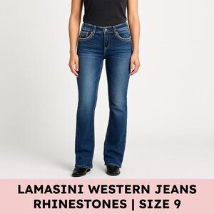 Lamasini Western Rhinestone Bootcut Jeans Mid Rise Stretch Size 9 Blue